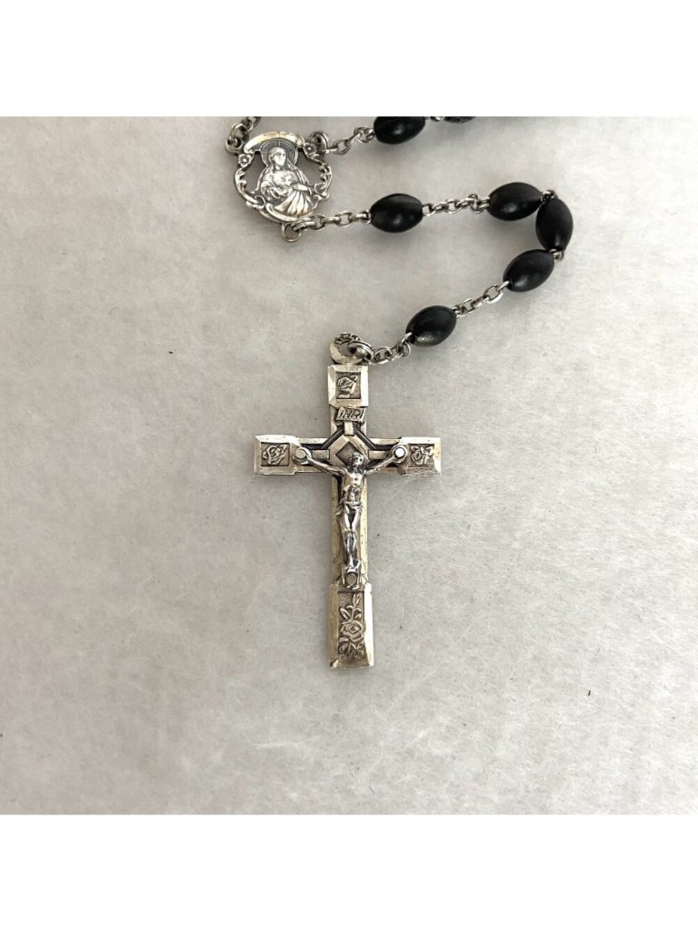 VTG Sterling Silver 925 Italian Black Beaded Rosary Crucifix Cross Y Necklace - Picture 7 of 16
